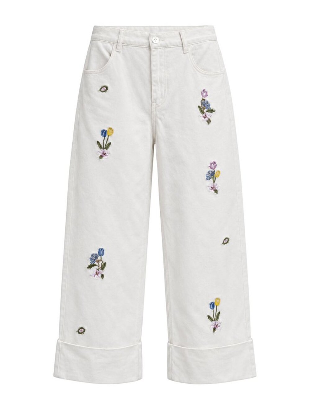 Vivetta Floral Embroidered Wide Leg High Waisted White Denim Pants